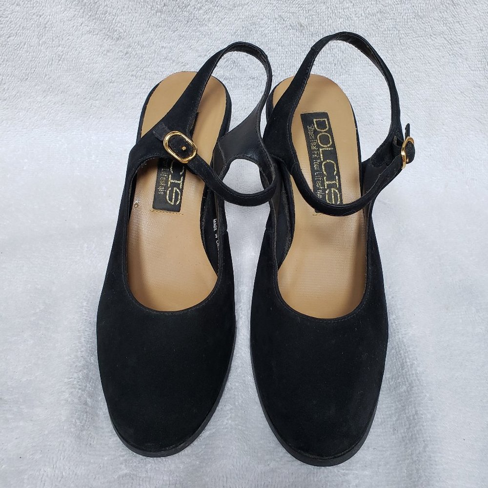 Dolcis Slingback Heels 90s Vintage Chunky Block Pump 7M Black Suede Leather